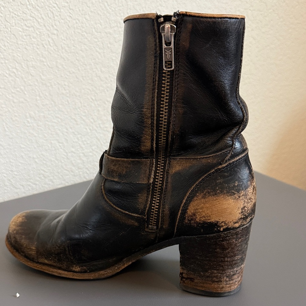 Frye Distressed Black Leather Mid Calf Boots with Buckle Detail - Picture 6 of 16